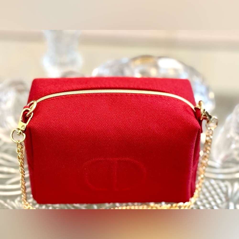 With Charm ;Dior Vibrant Red Canvas Cosmetic Sling with rich gold chain - Picture 16 of 17